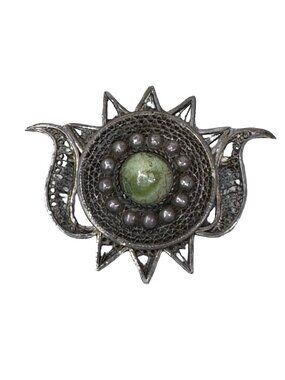 Antique Sterling Silver Filigree Brooch Sun Celestial Green Gemstone Center Star